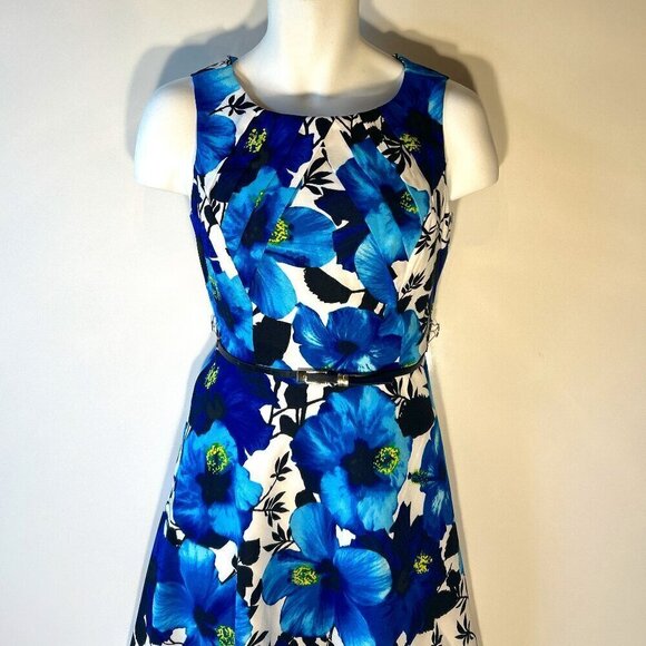 AB Studio SZ 10 Tropical Print Blues Fit & Flare Dress Career Dressy or Casual - Picture 3 of 9